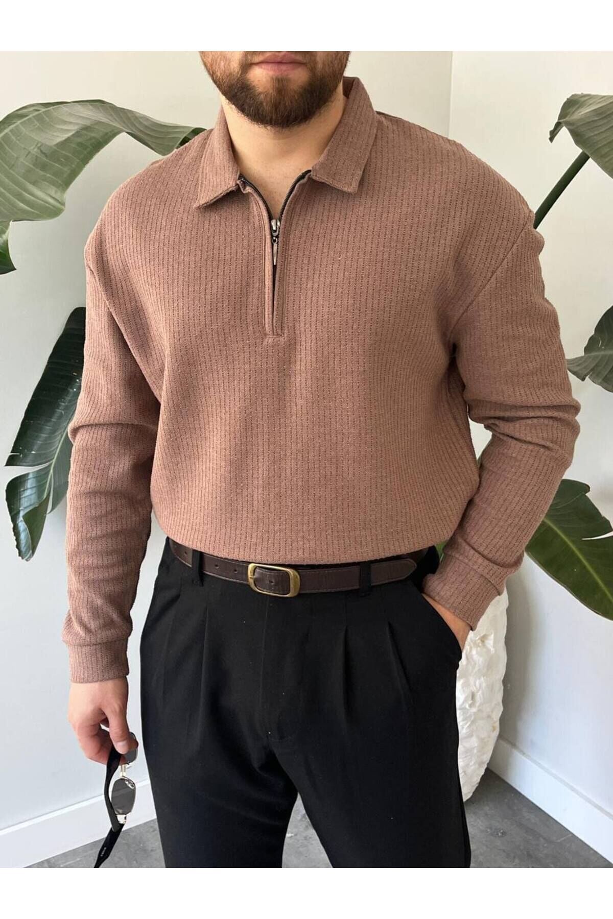 Erkek Polo Yaka Uzun Kollu Fermuarlı Hafif Bol Triko Sweatshirt Kahverengi - 2XL