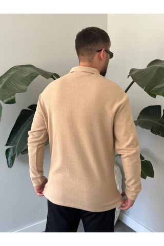 Erkek Polo Yaka Uzun Kollu Fermuarlı Hafif Bol Triko Sweatshirt Bej - M