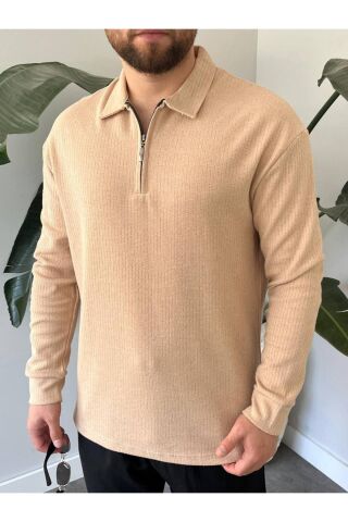 Erkek Polo Yaka Uzun Kollu Fermuarlı Hafif Bol Triko Sweatshirt Bej - M