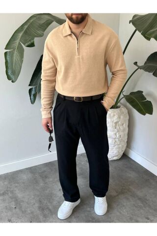 Erkek Polo Yaka Uzun Kollu Fermuarlı Hafif Bol Triko Sweatshirt Bej - M