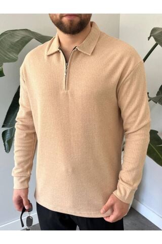 Erkek Polo Yaka Uzun Kollu Fermuarlı Hafif Bol Triko Sweatshirt Bej - L