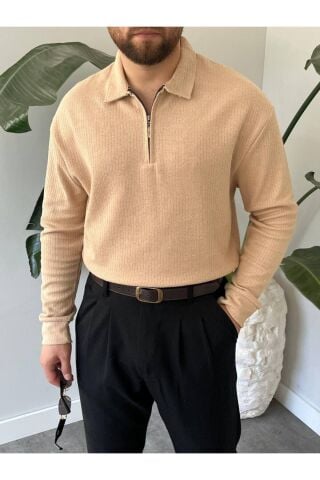 Erkek Polo Yaka Uzun Kollu Fermuarlı Hafif Bol Triko Sweatshirt Bej - L