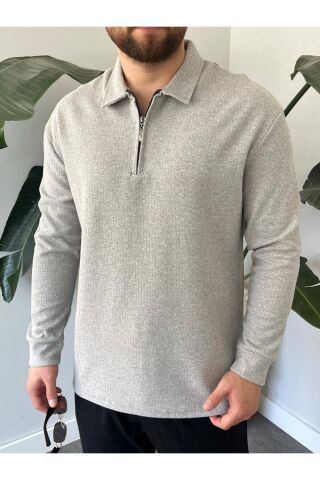 Erkek Polo Yaka Uzun Kollu Fermuarlı Hafif Bol Triko Sweatshirt Gri - S