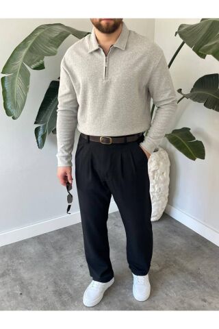 Erkek Polo Yaka Uzun Kollu Fermuarlı Hafif Bol Triko Sweatshirt Gri - S