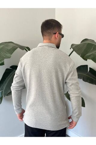Erkek Polo Yaka Uzun Kollu Fermuarlı Hafif Bol Triko Sweatshirt Gri - L