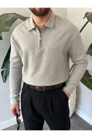 Erkek Polo Yaka Uzun Kollu Fermuarlı Hafif Bol Triko Sweatshirt Gri - L