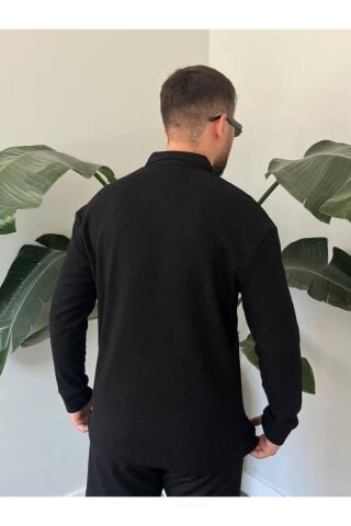 Erkek Polo Yaka Uzun Kollu Fermuarlı Hafif Bol Triko Sweatshirt Siyah - XL