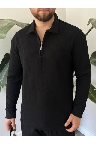 Erkek Polo Yaka Uzun Kollu Fermuarlı Hafif Bol Triko Sweatshirt Siyah - XL