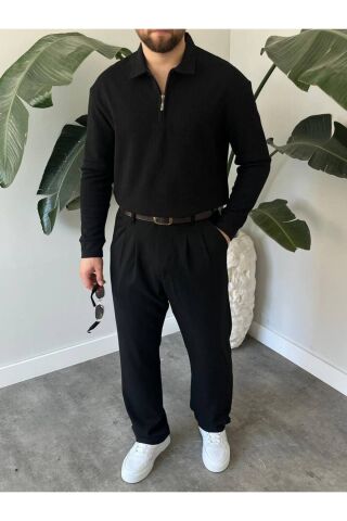 Erkek Polo Yaka Uzun Kollu Fermuarlı Hafif Bol Triko Sweatshirt Siyah - XL