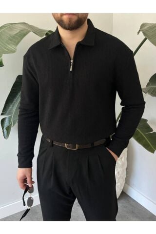 Erkek Polo Yaka Uzun Kollu Fermuarlı Hafif Bol Triko Sweatshirt Siyah - XL