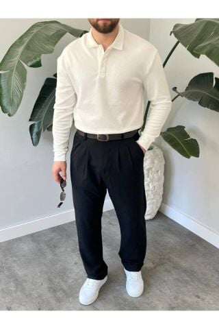 Erkek Uzun Kollu Hafif Bol Oversize Polo Yaka Triko Sweatshirt Beyaz - M