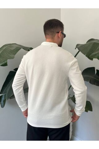 Erkek Uzun Kollu Hafif Bol Oversize Polo Yaka Triko Sweatshirt Beyaz - M