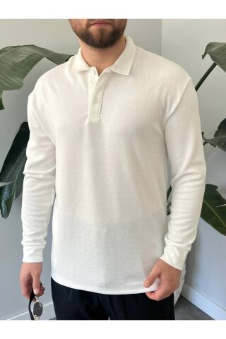 Erkek Uzun Kollu Hafif Bol Oversize Polo Yaka Triko Sweatshirt Beyaz - M
