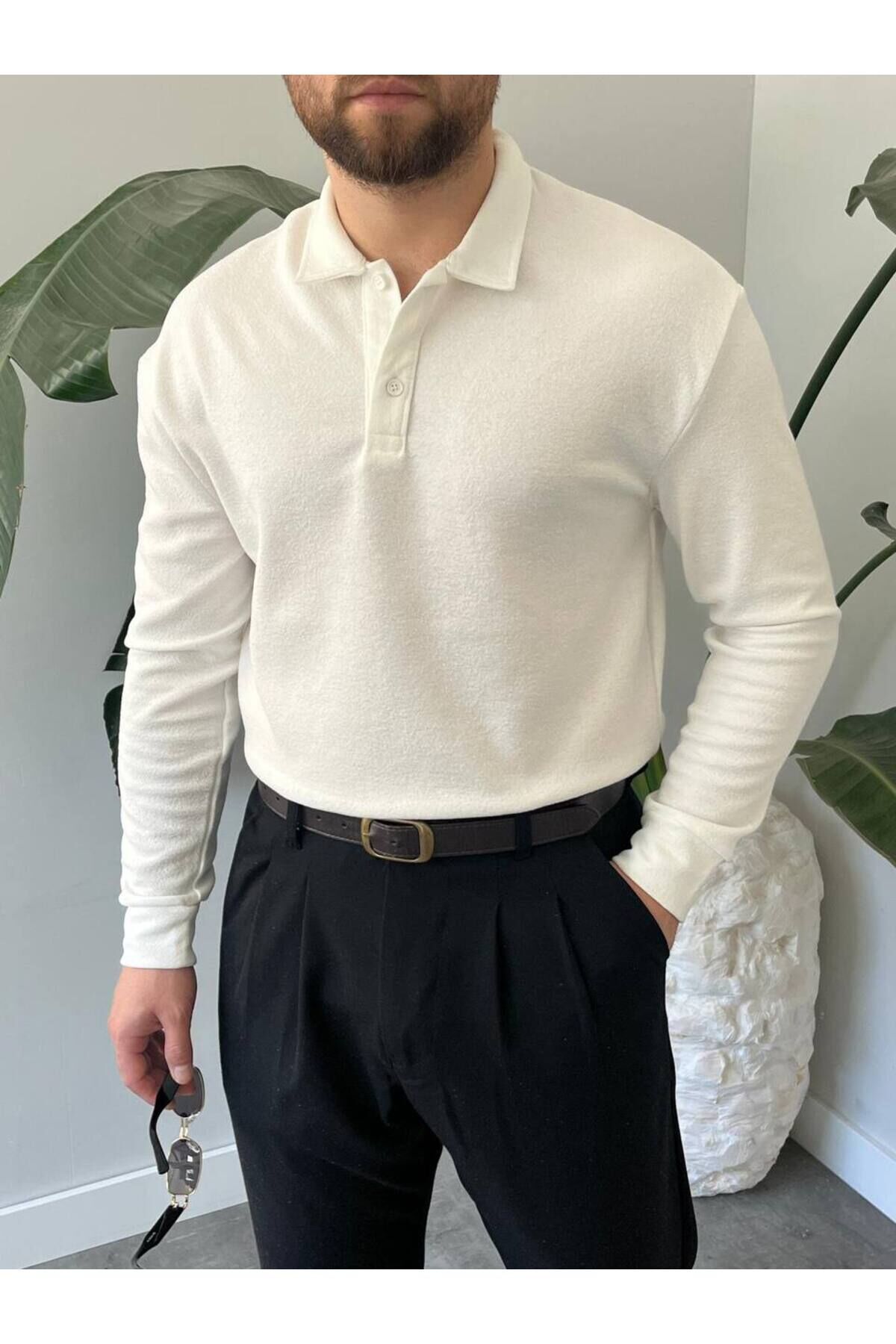 Erkek Uzun Kollu Hafif Bol Oversize Polo Yaka Triko Sweatshirt Beyaz - M