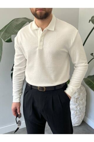 Erkek Uzun Kollu Hafif Bol Oversize Polo Yaka Triko Sweatshirt Beyaz - M