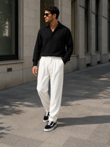 Erkek Pileli Rahat Kalıp Baggy Kumaş Pantolon XL - Beyaz