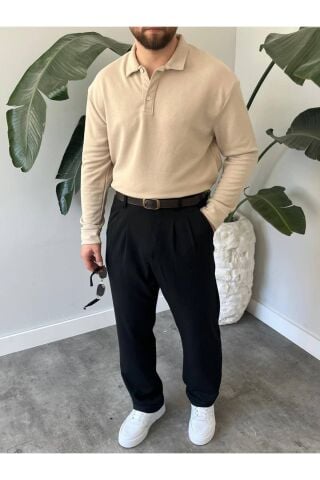 Erkek Uzun Kollu Hafif Bol Oversize Polo Yaka Triko Sweatshirt Krem - L
