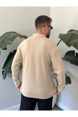 Erkek Uzun Kollu Hafif Bol Oversize Polo Yaka Triko Sweatshirt Krem - L