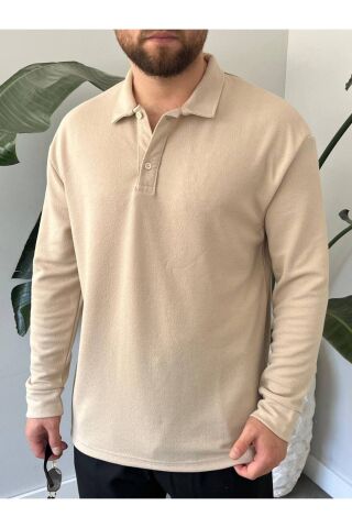 Erkek Uzun Kollu Hafif Bol Oversize Polo Yaka Triko Sweatshirt Krem - L