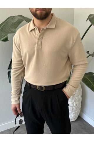 Erkek Uzun Kollu Hafif Bol Oversize Polo Yaka Triko Sweatshirt Krem - L