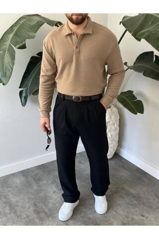 Erkek Uzun Kollu Hafif Bol Oversize Polo Yaka Triko Sweatshirt Kahverengi - XL