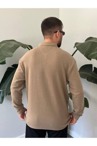 Erkek Uzun Kollu Hafif Bol Oversize Polo Yaka Triko Sweatshirt Kahverengi - XL