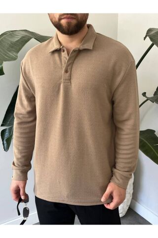 Erkek Uzun Kollu Hafif Bol Oversize Polo Yaka Triko Sweatshirt Kahverengi - XL