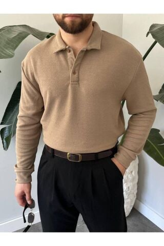 Erkek Uzun Kollu Hafif Bol Oversize Polo Yaka Triko Sweatshirt Kahverengi - XL