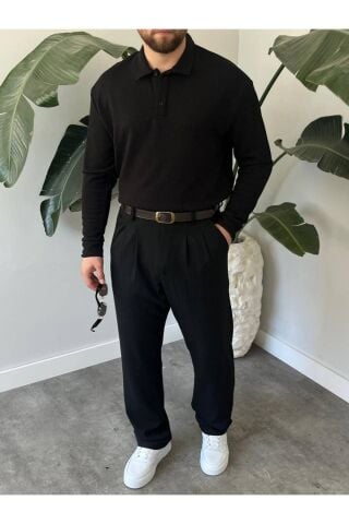 Erkek Uzun Kollu Hafif Bol Oversize Polo Yaka Triko Sweatshirt Siyah - M