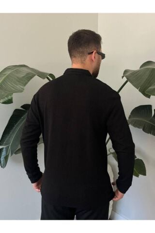 Erkek Uzun Kollu Hafif Bol Oversize Polo Yaka Triko Sweatshirt Siyah - M