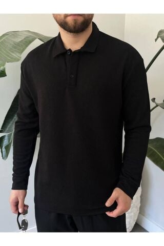 Erkek Uzun Kollu Hafif Bol Oversize Polo Yaka Triko Sweatshirt Siyah - M