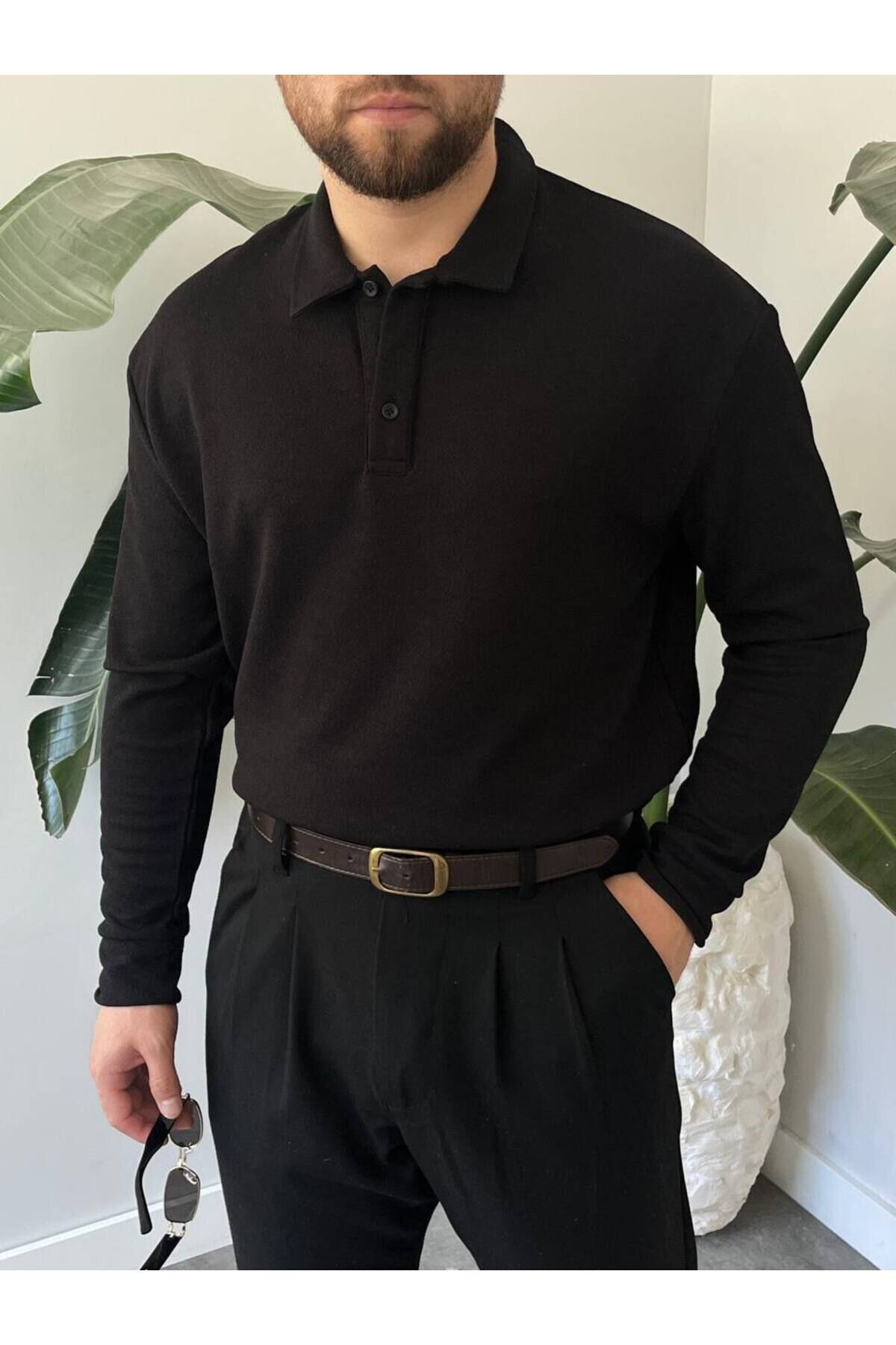 Erkek Uzun Kollu Hafif Bol Oversize Polo Yaka Triko Sweatshirt Siyah - M