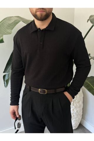 Erkek Uzun Kollu Hafif Bol Oversize Polo Yaka Triko Sweatshirt Siyah - M