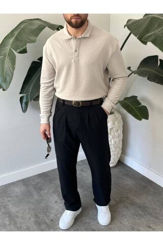 Erkek Uzun Kollu Hafif Bol Oversize Polo Yaka Triko Sweatshirt Gri - 2XL