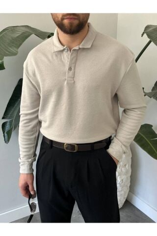 Erkek Uzun Kollu Hafif Bol Oversize Polo Yaka Triko Sweatshirt Gri - 2XL
