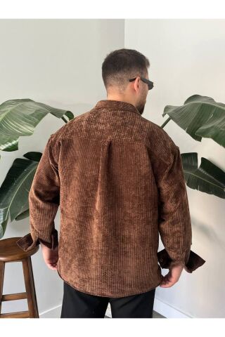 Erkek Düz Fitilli Kadife Oversize Geniş Kalıp Gömlek Koyu Kahverengi - S