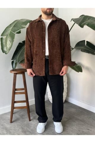 Erkek Düz Fitilli Kadife Oversize Geniş Kalıp Gömlek Koyu Kahverengi - XL