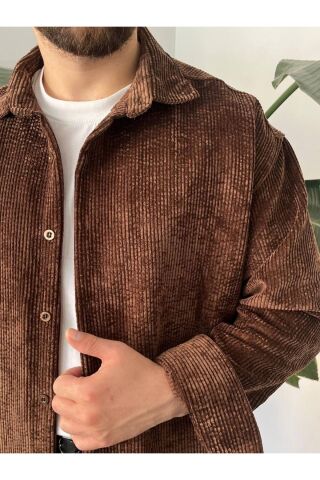 Erkek Düz Fitilli Kadife Oversize Geniş Kalıp Gömlek Koyu Kahverengi - XL