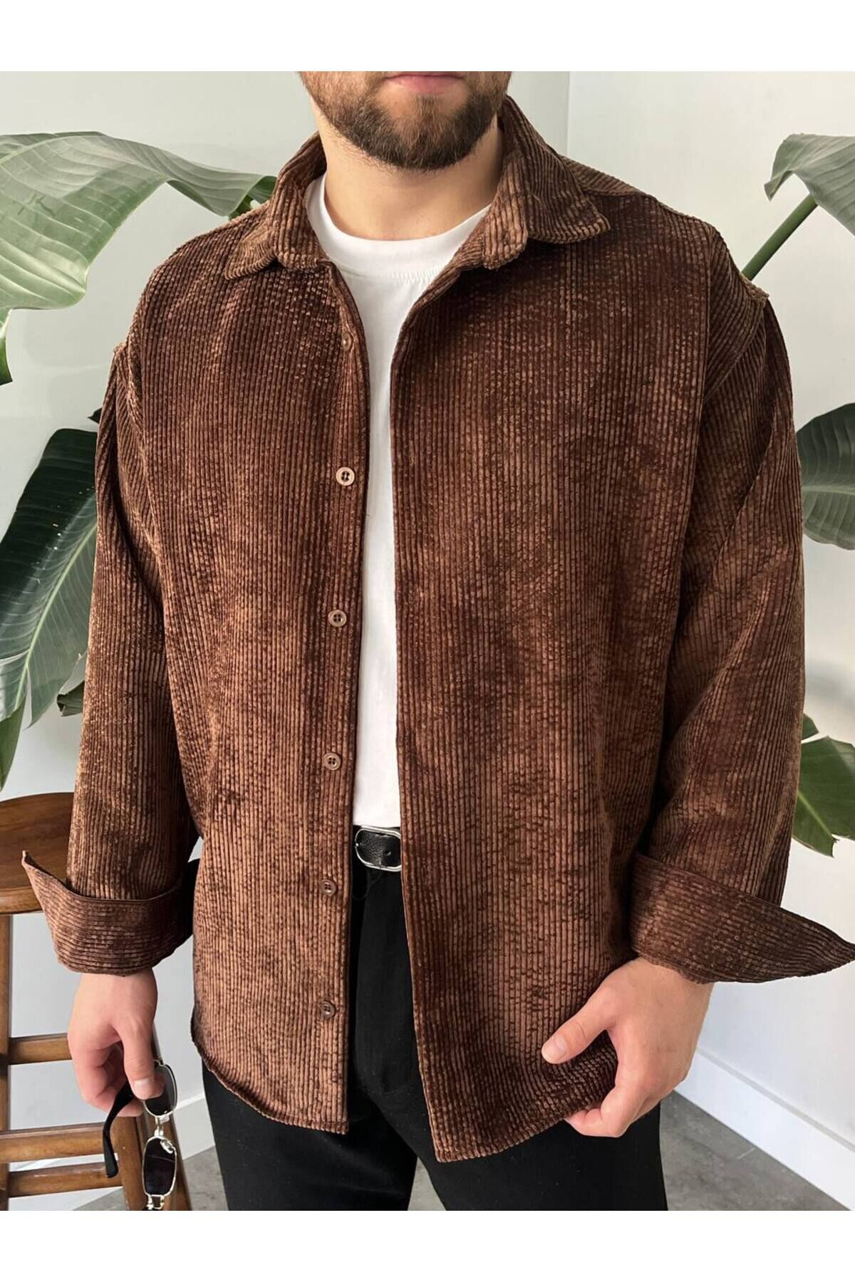 Erkek Düz Fitilli Kadife Oversize Geniş Kalıp Gömlek Koyu Kahverengi - XL