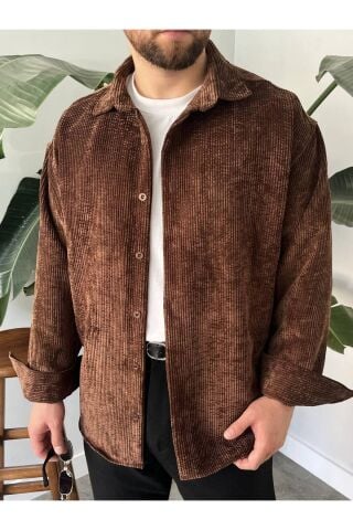 Erkek Düz Fitilli Kadife Oversize Geniş Kalıp Gömlek Koyu Kahverengi - XL