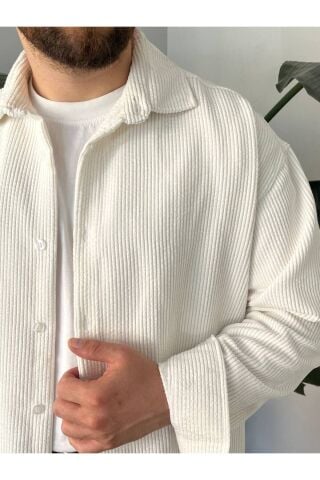 Erkek Düz Fitilli Kadife Oversize Geniş Kalıp Gömlek Krem - XL