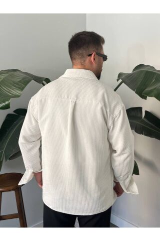 Erkek Düz Fitilli Kadife Oversize Geniş Kalıp Gömlek Krem - XL