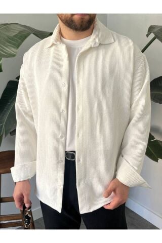 Erkek Düz Fitilli Kadife Oversize Geniş Kalıp Gömlek Krem - XL