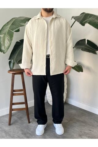 Erkek Düz Fitilli Kadife Oversize Geniş Kalıp Gömlek Krem - 2XL