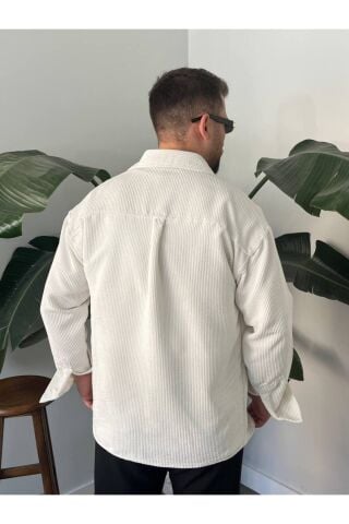 Erkek Düz Fitilli Kadife Oversize Geniş Kalıp Gömlek Krem - 2XL