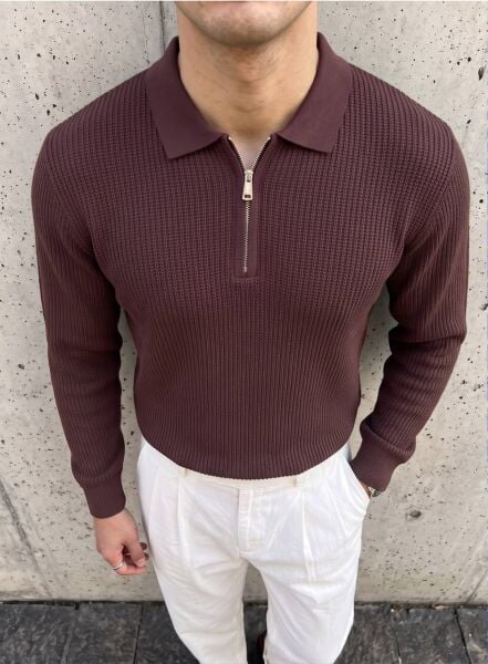 Erkek Triko Yarım Fermuar Örgülü Triko Kazak Bordo - XL