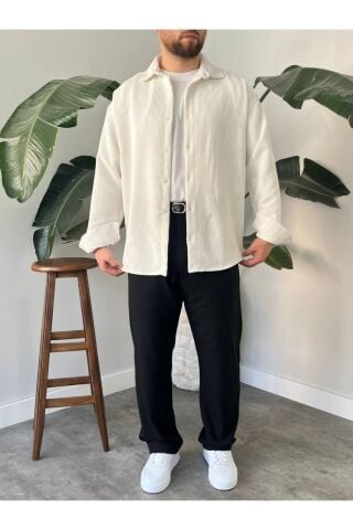 Erkek Düz Fitilli Kadife Oversize Geniş Kalıp Gömlek Beyaz - 2XL