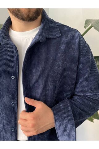 Erkek Düz Fitilli Kadife Oversize Geniş Kalıp Gömlek Lacivert - M