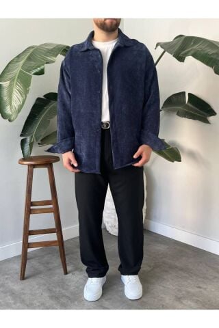 Erkek Düz Fitilli Kadife Oversize Geniş Kalıp Gömlek Lacivert - 2XL