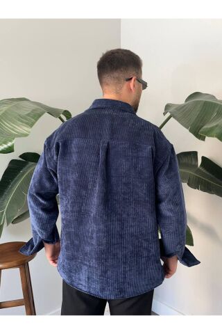 Erkek Düz Fitilli Kadife Oversize Geniş Kalıp Gömlek Lacivert - 2XL
